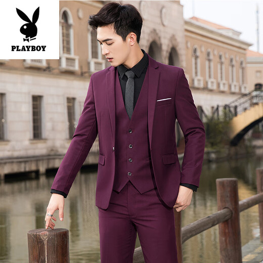 Playboy (PLAYBOY) high-end suit men's three-piece suit Korean style groom wedding suit tailored groomsman dress casual professional formal burgundy suit + pants + vest + shirt free M