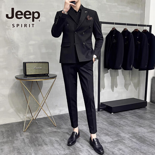JEEP SPIRIT Jeep Double Breasted Suit Men's Suit Suit Autumn Men's Striped Casual Suit Men's Business Formal Wear Groom Dinner Black (Suit+Trousers+Vest) XL 52 125-140 Jin Jin is equal to 0.5 kg