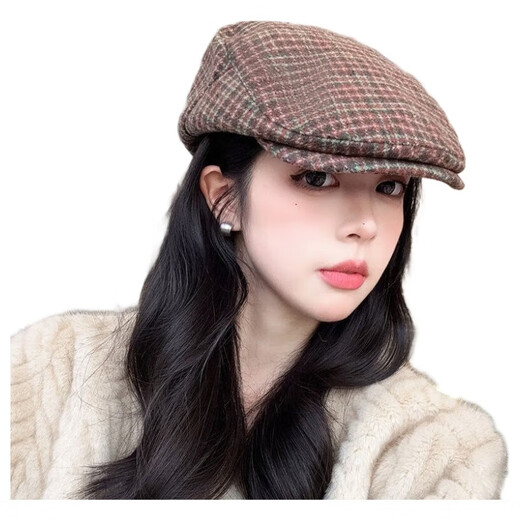 New retro plaid forward hat Japanese style spring and autumn all-match fashion big head painter British duck beret brown woolen plaid forward hat