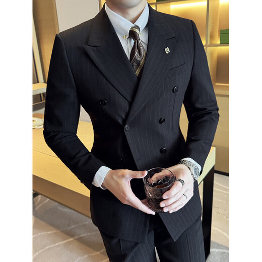 SEPTWOLVES double-breasted striped suit men's suit spring and autumn new trendy business casual slim suit three-piece black suit + trousers + vest 3XL (155-165Jin Jin equals 0.5 kg)