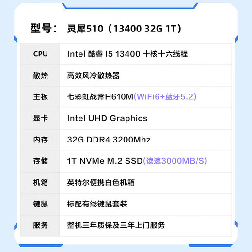 Intel Lingxi 510 desktop computer (i5 13400 32G 1T SSD business keyboard and mouse) WIFi6 commercial office machine mini single host