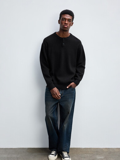 CHINISM Shopping Mall Same Style Chichen Anti-pilling Slightly Loose Henley Collar Sweater Winter Men's Knitted Sweater Black S