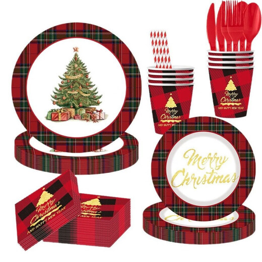 Red Christmas Party Paper Plate Tableware Set Printed Plaid Children's Christmas Disposable Paper Cups Tissue Paper Plates 10-Person 8-piece Set Red
