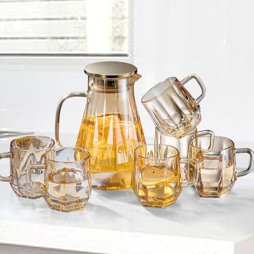 Fat Donglai Nordic high-end high-temperature resistant diamond teapot glass water cup living room kettle cup cup holder light luxury home set cigarette ash 1 pot 6 cups + silver deer cup holder + tray