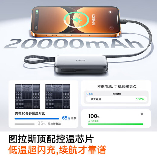 Turas power bank 20000 mAh New national standard 3C certification丨Can be used on airplanes Comes with cable Super fast charging 35w Portable large capacity Suitable for Android and Apple iPhone17 3C certification丨20,000 mAh Space gray C port 3C certification Best selling million Mini model丨50cm comes with cable