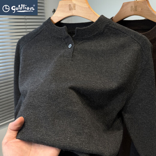 Goldlion American Henley Neck Sweater Men's Thin Autumn and Winter Youth Solid Color Versatile Knitted Sweater Men's Pullover Tops Carbon Gray M