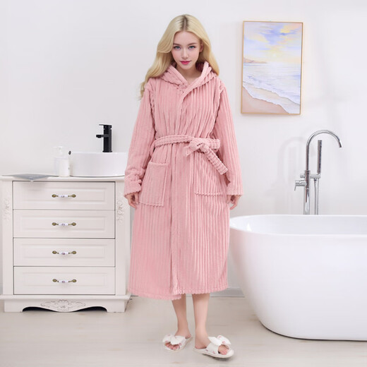 Coral velvet bathrobe is soft and thickened. Adult couple's home pajamas for men and women can wear bathrobes with straps and long-sleeved bath skirts. Cream rice 25*60cm hair drying cap