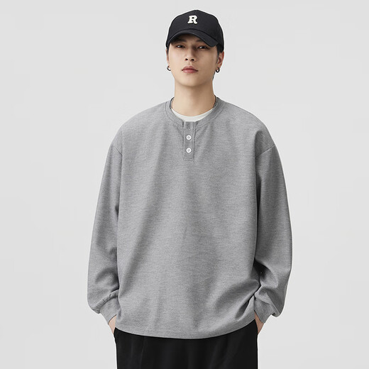 Duken heavyweight waffle sweatshirt men's spring and autumn 2025 high-end American loose Henry collar bottoming shirt long-sleeved light gray soft and skin-friendly/not easy to pilling S (recommended 110Jin Jin equal to less than 0.5 kg)