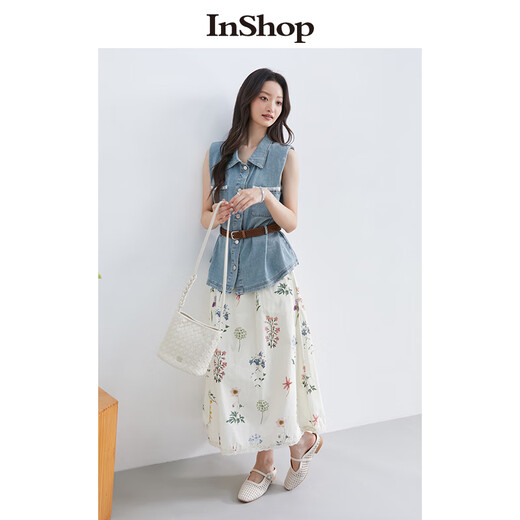 InShop shopping mall same style new denim vest jacket floral skirt commuting casual two-piece set light blue flower S