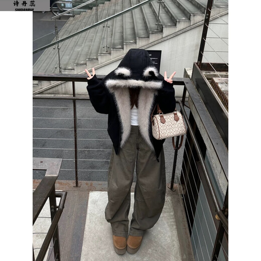 Dangrui American retro mountain carving black hooded fur collar coat for women winter thickened warm jacket cotton coat down jacket black one size fits all Please note the size