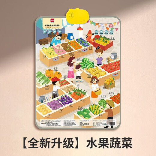 得力（deli）有声挂图儿童早教认知动物拼音数字幼儿启蒙宝宝益智学习玩具 【水果蔬菜】中英双语 附挂钩+电池