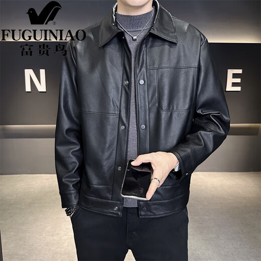 FUGUINIAO Men's Leather Jacket 2025 Autumn New Lapel Handsome Workwear Youth PU Jacket Versatile Fashion Top Black L