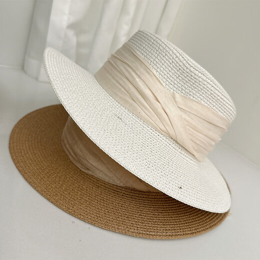 Grosfairy French flat-top sunshade straw hat for women summer hat sun protection sun hat for beach travel straw big-brimmed beach hat MIUIN webbing-black