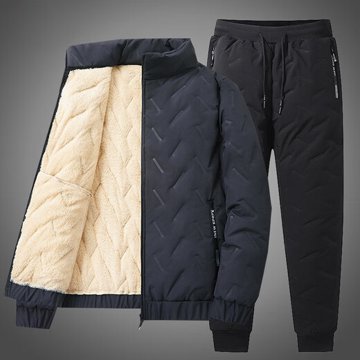 Zhaolu cotton-padded jacket and cotton trousers suit men's cotton-padded jacket men's winter middle-aged and elderly dad plus velvet cotton jacket grandpa lamb velvet two pieces 777 black clothes black straight pants suit 2XL 130/145Jin Jin is equal to 0.5 kg