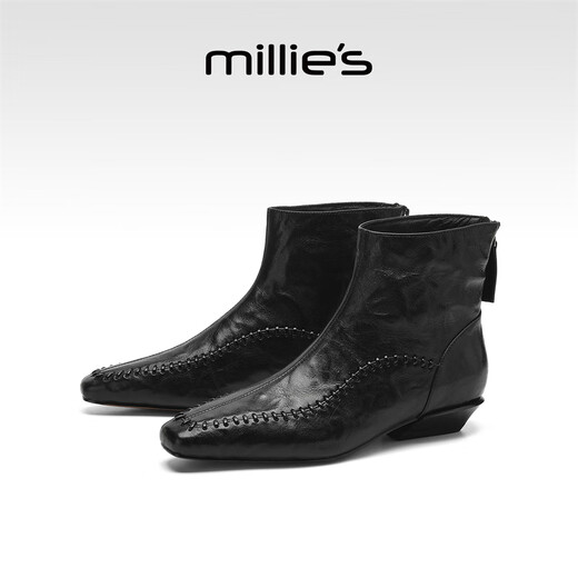 Millies Genuine Leather Sheepskin Ankle Boots Women's Chelsea Slim Boots Plus Velvet Short Boots Women's Square Toe Thick Heel Women's Boots Black 37