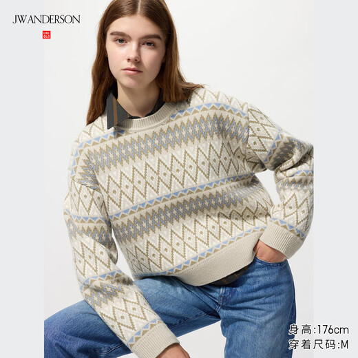 UNIQLO cooperation model/women's Fair Isle style round neck sweater/sweater sweater 25 autumn and winter new style 479865 31 beige M