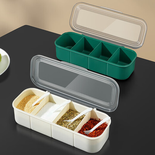 Fu Jian seasoning box compartment set household seasoning jar flip-top seasoning bottle MSG salt box with spoon kitchen seasoning box simple three-compartment seasoning box cream white