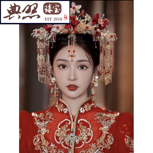 Typical photo of Fengguan Xiapei headdress Xiuhe suit Chinese style bride 2025 new red bow glazed hair crown ancient style wedding C main crown + back area + hairpin + earrings gift box