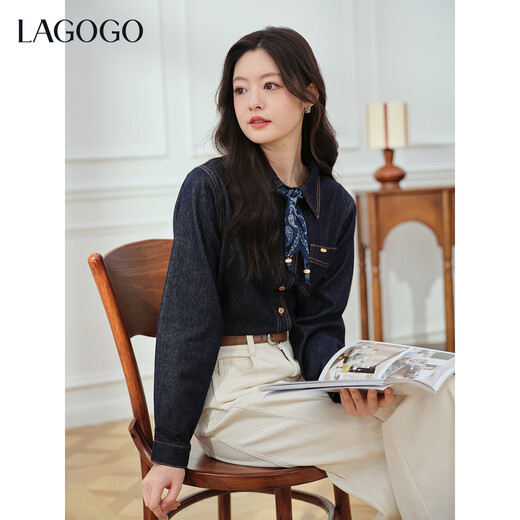 LAGOGO Indigo Time Retro Denim Shirt Women Lagugu 2025 Winter New Textured Commuting Top Dark Denim Blue S