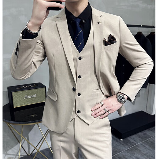 Jason's Groom's Suit Suit Men's Large Size Business Professional Formal Wedding Dress Suit Three-piece Men's Korean Style Slim Khaki (Suit + Vest + Pants) XL