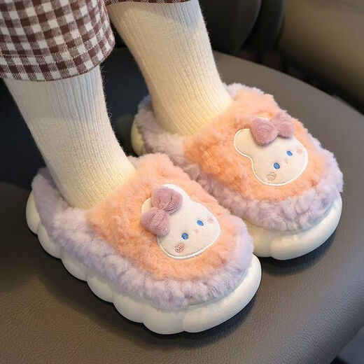 Bangboshi children's cotton slippers for boys and girls in winter, warm and velvet thickened, cute woolen cotton slippers for small and medium-sized children, watermelon red rabbit slippers, size 32/33 (inner length 19CM, suitable for 5-6 years old)