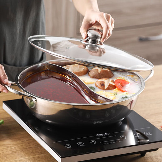 Thickened Yuanyang hot pot hot pot basin with lid Yuanyang hot pot household stainless steel hot pot pot induction cooker open flame special pot Yuanyang pot with lid 34cm