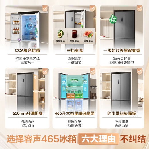 Rongsheng 465-liter cross double-open four-door refrigerator household first-class energy efficiency air-cooled frost-free frequency conversion energy-saving ultra-thin large capacity BCD-465WD18FP home appliances national subsidy