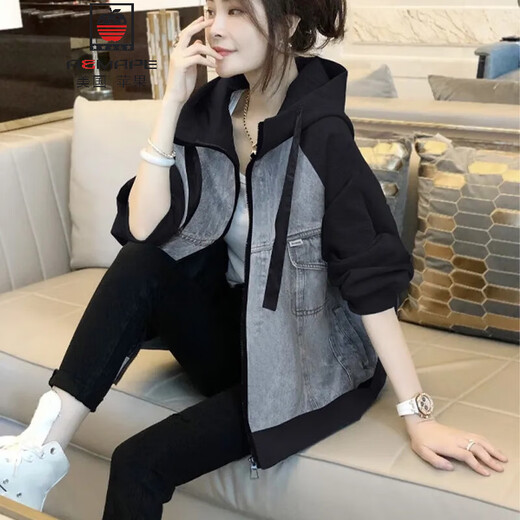 AEMAPE2025 Spring and Autumn New Black Hooded Splicing Baseball Jacket Women's Small Fashion Casual Denim Jacket Picture Color XL -115-125Jin Jin is equal to 0.5 kg