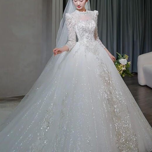 Wei Lianmenglan Wedding Dress 2025 Bride's Main Wedding Dress Long Sleeve Outlet Dress French Heavy Industry Retro Lace Palace Style Welcome Ceremony Dress Floor-length Style + Veil Support M