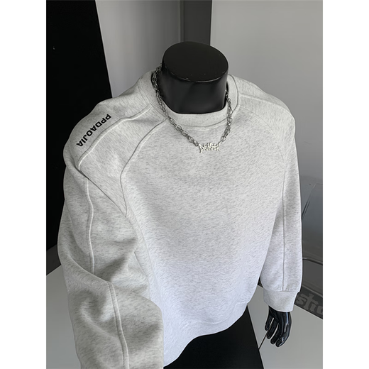 Katuchi American heavyweight patchwork sweatshirt for men in spring and autumn loose trendy casual inner layering shirt round neck pullover top white gray XL