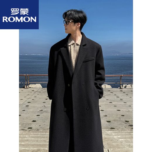 ROMON shoulder pads + belt style autumn and winter knee-length woolen coat men's mid-length thickened woolen windbreaker jacket new product black M