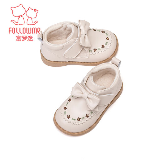 Fuluomi girls toddler shoes winter non-slip plus velvet princess boots infants and toddlers national style embroidered baby cotton shoes off-white 24