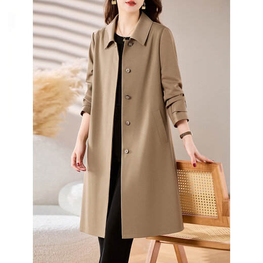 Homesee International Light Luxury High-end Windbreaker Autumn New Windbreaker Jacket Women's Mid-Length Temperament Lady's Casual Slim Coat Khaki L