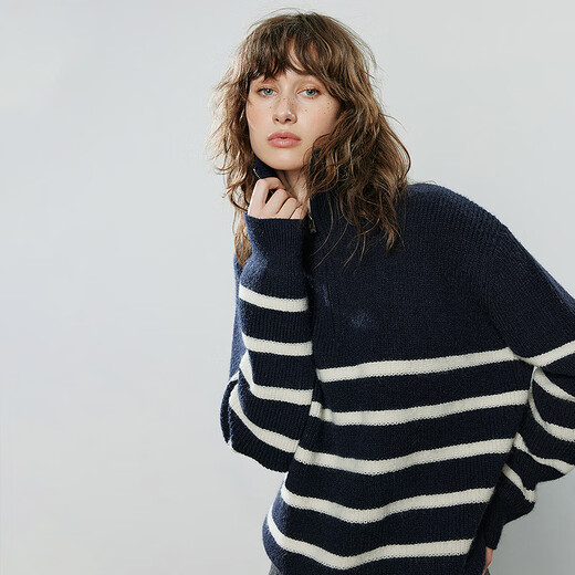 Chuyu Sweater Women's 2025 Winter New Striped Lapel Thick Warm Knitted Top Navy Blue White Striped L