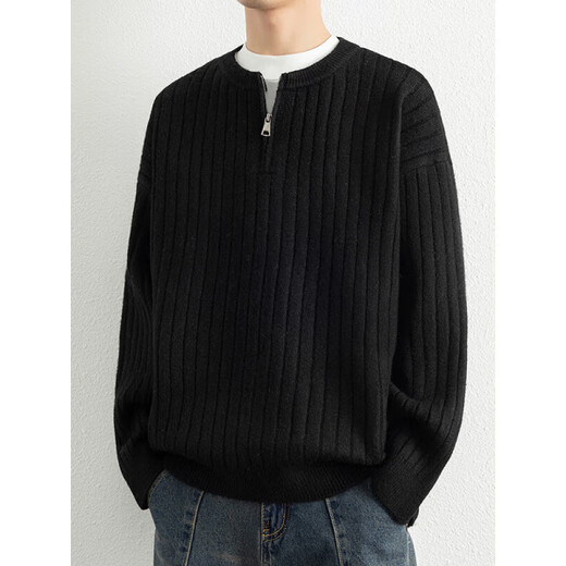 Jiangong Half Zip Sweater Men's Autumn and Winter 2025 New Style Henley Collar Wool Sweater Vertical Pit Stripe Sweater Men's Chenguang Xing M About 100-120 Jin Jin equals 0.5 kg Can be worn
