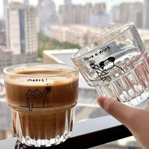 Cartoon high-looking kitten and puppy print stacking cup creative cute glass family juice coffee cup kitten 250ml 1 piece