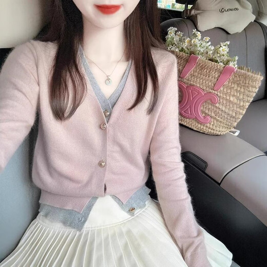 Su Yuwei koreanischer Stil Xiaoxiangfeng gefälschter zweiteiler rosa V-Neck-Strickjagd für Frauen Spring- und Herbst-Design Kurzpullover Jacke Top Grey Pink S empfohlen (80-95 Jin [Jin Equals 0,5 kg]) [Folgen Sie dem Laden]