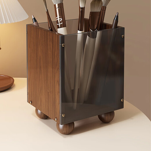 Julihui Makeup Brush and Eyebrow Pen Storage Tube Bathroom Desktop Toothbrush and Toothpaste Large Capacity Bucket Washstand Comb Storage Rack Walnut-Black Tea