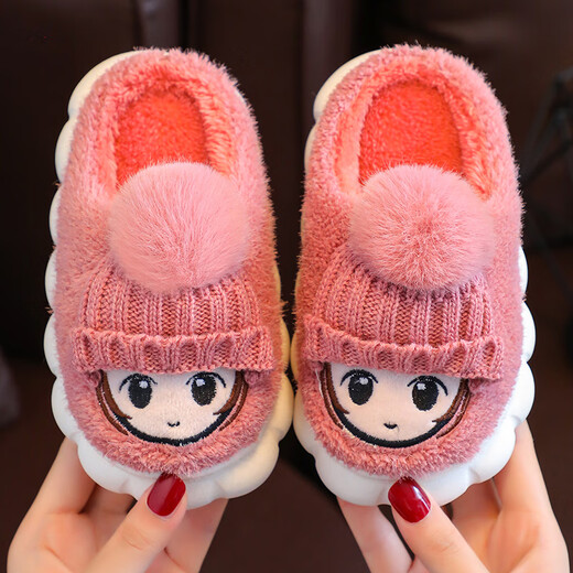 TKHE children's cotton slippers autumn and winter indoor soft-soled non-slip little girl's slippers cartoon cute warm plush cotton shoes children's cotton slippers leather red upgraded thickened model 30-31 size 19cm inner length recommended for 6-7 years old