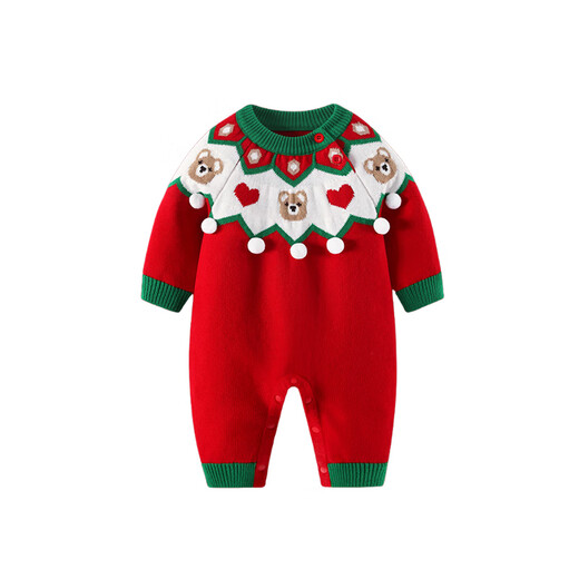 British NEXT OIC baby Christmas jumpsuit autumn and winter plus velvet boy baby knitted red harem one-year-old dress red 66cm