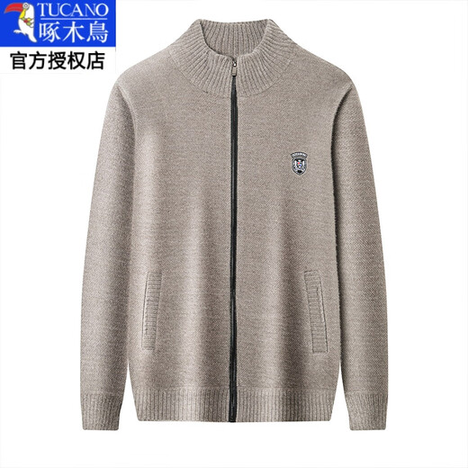 Woodpecker wool cardigan jacket 100% wool autumn and winter men's stand-up collar thickened zipper casual top sweater khaki M 165 recommended 100-120Jin Jin equals 0.5 kg