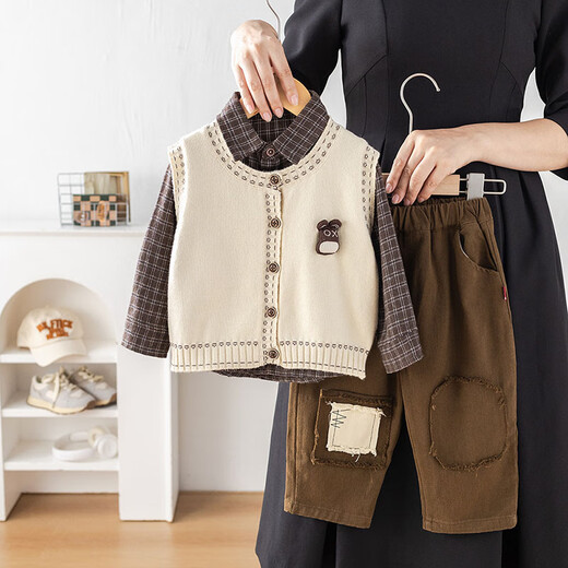 Min Sheng Boys Autumn and Winter Three-piece Suit Shirt Overalls Sweater Vest Fashionable Baby Clothes Birthday Gift 90 Height 75-85cm/Weight 20-25Jin Jin is equal to 0.5kg Usually shot according to height + 10