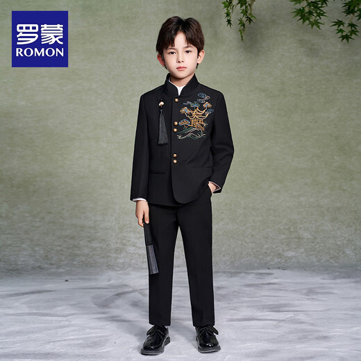 Luo Meng Boys' New Chinese Suit Jacket Tang Suit Chinese Style Tunic Suit Children's Suit Performance Clothing Black 160