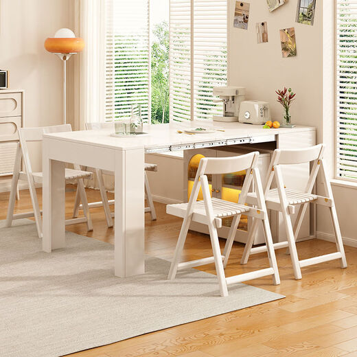 Fantasy cream style retractable solid wood dining table and sideboard integrated island small apartment space-saving multifunctional high-end folding table milky white freely retractable/can store 4 folding chairs in the cabinet at the same time retractable dining table cabinet + solid wood folding chairs*6