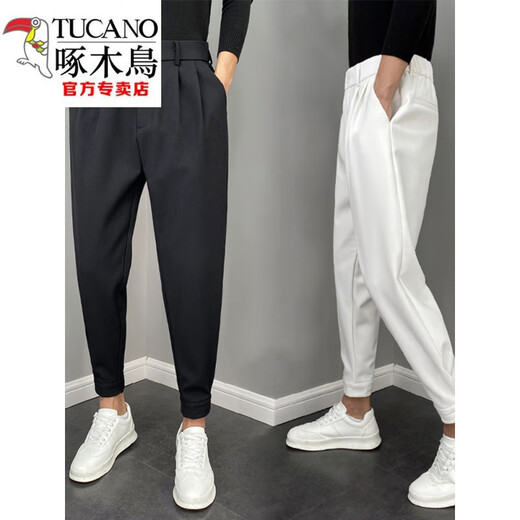 Woodpecker (TUCANO) legged trousers men's autumn and winter harem nine-point casual pants solid color long trousers men's trendy versatile suit trousers black plus velvet 36