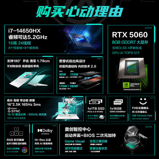 ASUS Tianxuan 6Pro Core Edition 5060/5070 graphics card Run 3A local AI learning and working games all-round 16-inch gaming laptop Core i7-14650HX/RTX5060/Magic Blue 32G memory/1TB solid state drive/customized