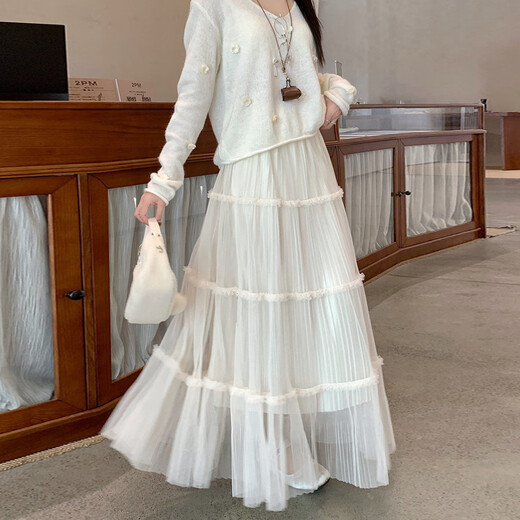 Mesh skirt women's winter reversible high-waisted A-line gauze skirt 2025 new super fairy cake skirt versatile apricot color one size fits all 80-150Jin Jin equals 0.5 kg