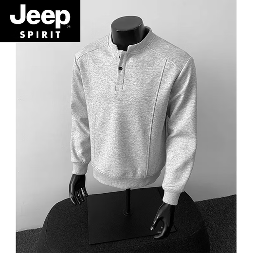 JEEP SPIRIT gray henley collar long-sleeved polo shirt men's American deconstructed splicing right shoulder t-shirt boxy version inner sweatshirt light gray short sleeves M