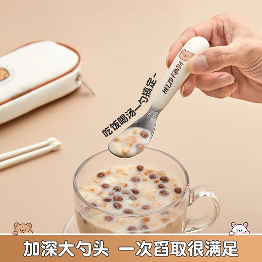 WORTHBUY 316 stainless steel cartoon tableware set for children, portable eating spoon, baby learning food supplement set, food grade He He Xiong - straight spoon and fork + chopsticks + scissors + food supplement clip + cutlery bag No Specifications