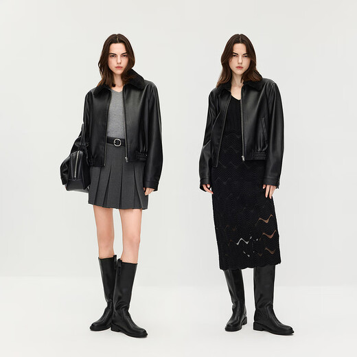 OCHIRLY Special Discount Detachable Fur Collar Jacket Leather Jacket Women's Matte High-Quality 25 Winter Black M